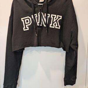 Victoria’s Secret PINK Black Cropped Hoodie | Size L | Upcycled